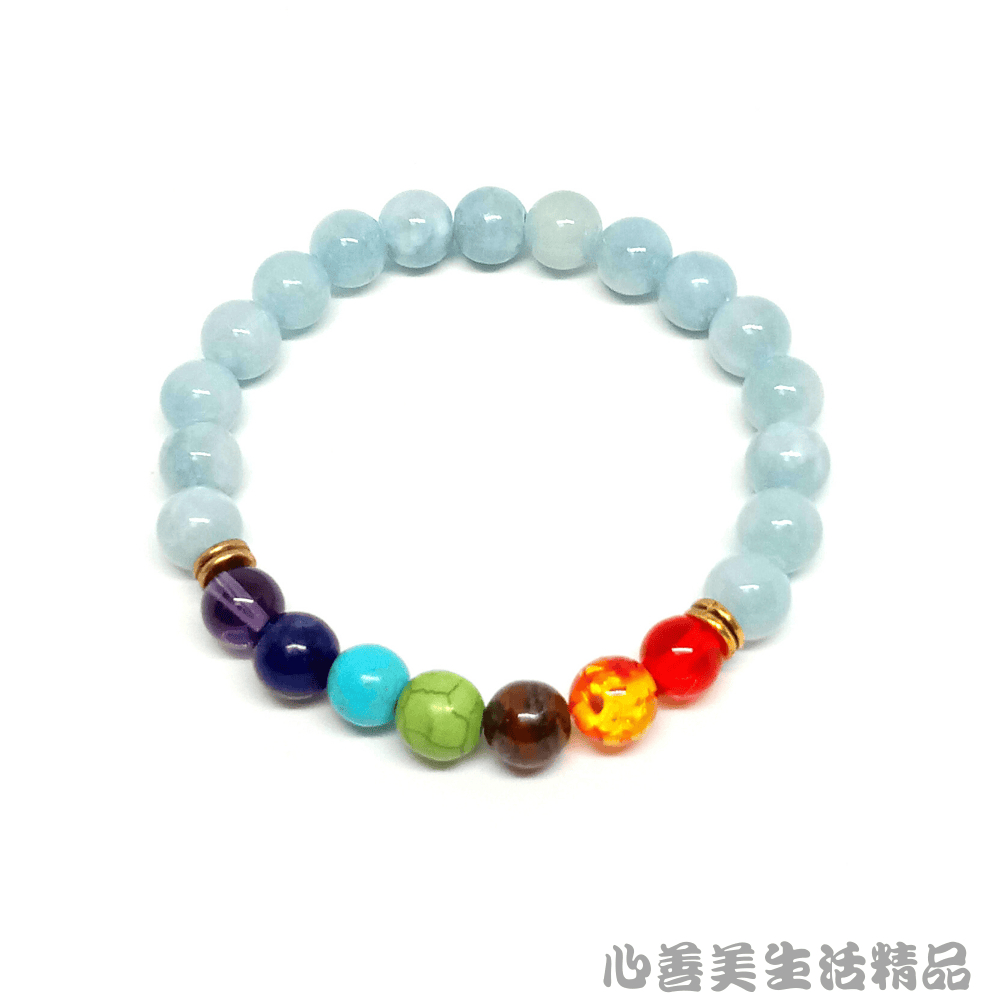 【台灣現貨】8mm天然7彩海水藍寶手鏈 7脈海水藍寶手鏈 7彩水晶海水藍寶【彈力繩】