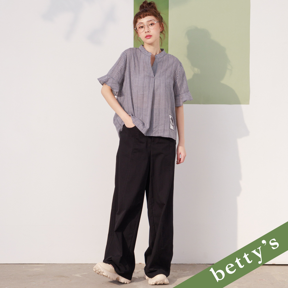 betty’s貝蒂思(21)腰頭雙釦刺繡長寬褲(黑色)
