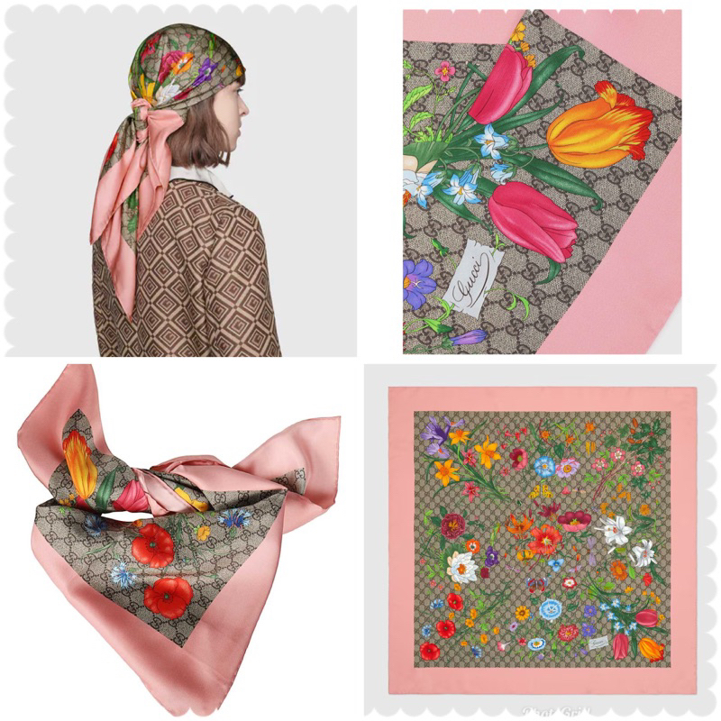 💋GUCCI💋 GG Flora印花絲綢圍巾披肩(現貨）