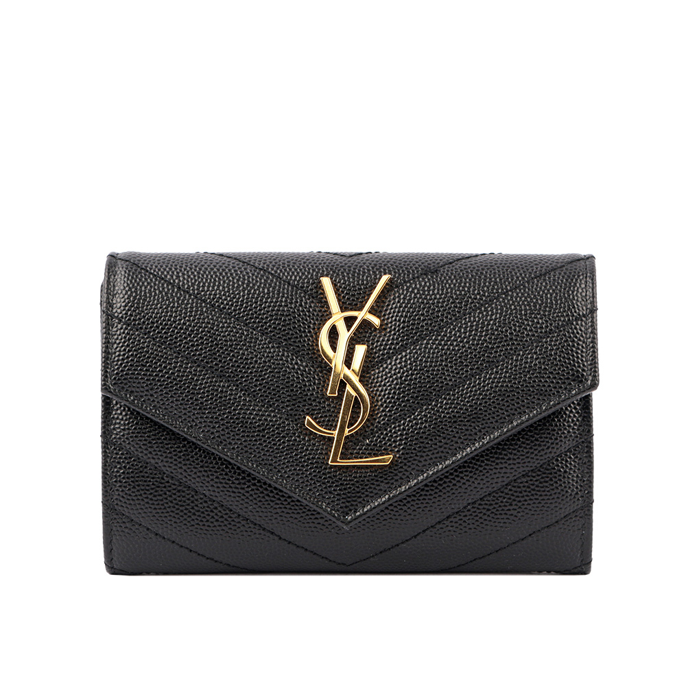 YSL 山形紋荔枝皮金字logo小卡/短夾(黑色) 414404 BOW01 1000