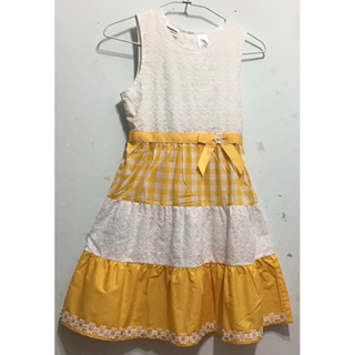 女童繡花布上衣拼接黃色格子+黃色點點 蛋糕裙洋裝