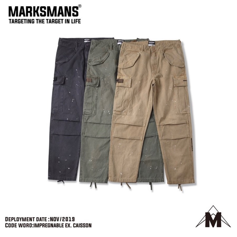 MARKSMANS 19AW 工裝潑墨長褲/黑色軍綠XL二手/重磅水洗潑漆