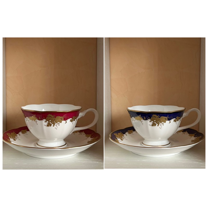 日本 鳴海 NARUMI 紅藍金葉圖樣 骨瓷紅茶杯（2杯2盤）日本製