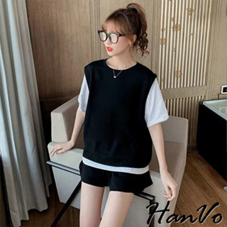 【HanVo】休閒舒適棉質假兩件上衣套裝 韓版休閒圓領短袖上衣棉質短褲套裝 韓系女裝 女生衣著 A08-5942