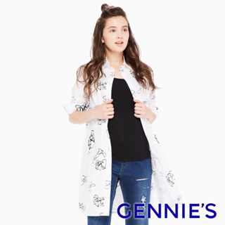 【Gennies 奇妮】隨性手繪風長版襯衫/洋裝-白(T1E06)