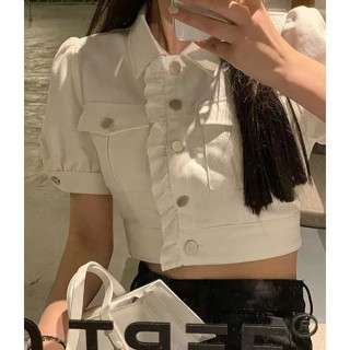 白色牛仔短袖外套女夏季ins新款韓版修身百搭短款蕾絲拼接襯衫潮
