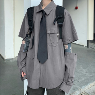 現貨+預購*工裝個性暗黑領帶鏈條接袖長袖襯衫 設計感 灰色 黑色 原宿風 哥德 陷阱妹 硬妹 少女 街頭 亞文化 上衣