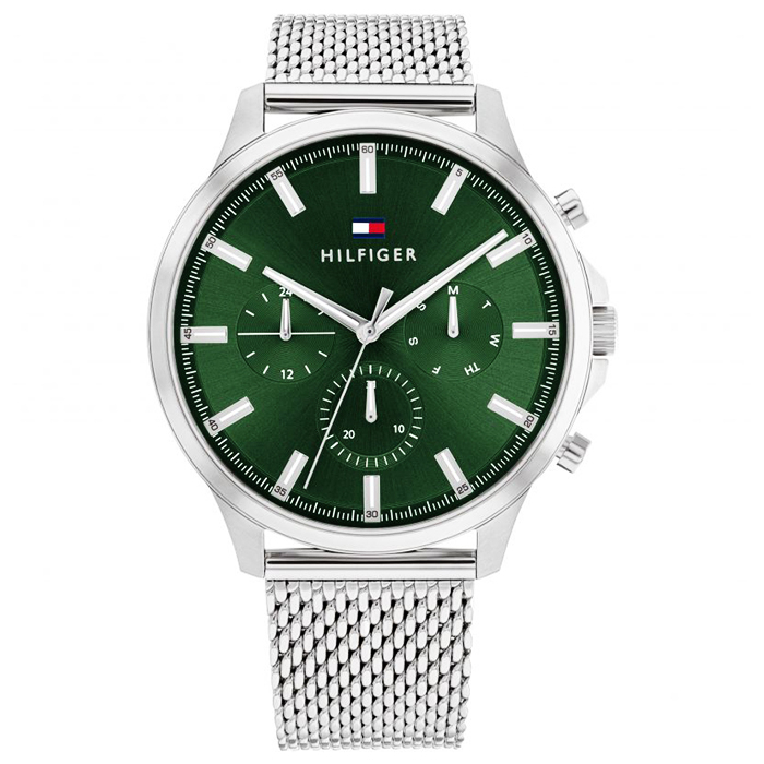 【Tommy Hilfiger】1710499 米蘭錶帶 日期星期顯示 三眼男錶 綠/銀 44mm 台南 時代鐘錶