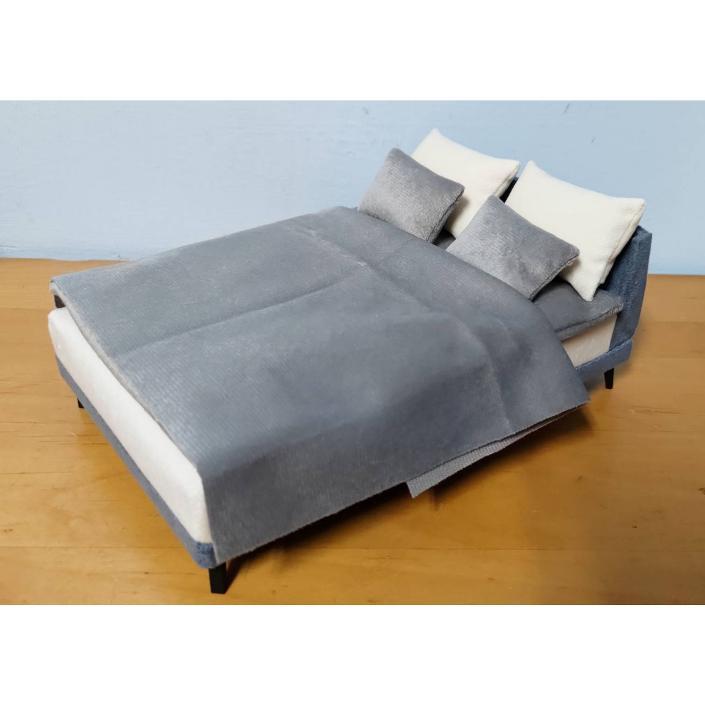 1:12 模型 簡約雙人床 絨布床包組 枕頭床墊棉被