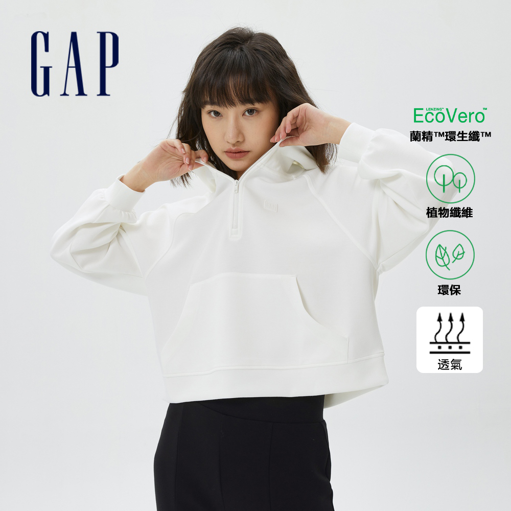 Gap 女裝 Logo立領半拉鍊長袖帽T 空氣三明治系列-白色(591194)