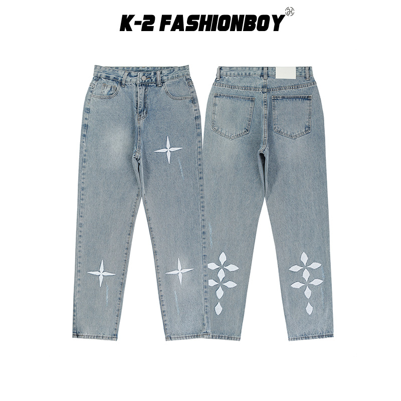 【K-2】十字閃光 星光 飛鏢造型 刷色 丹寧 牛仔長褲 寬鬆 直筒牛仔褲 淺藍色 簡約 休閒穿搭【A87】