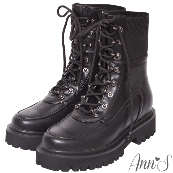 Ann’S街頭時髦人士-拼接飛織綁帶個性厚底軍靴4cm-黑