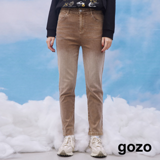 【gozo】水洗刷白鋸齒壓線彈性牛仔褲(深咖/綠色_S/M/L) | 牛仔 顯瘦 百搭