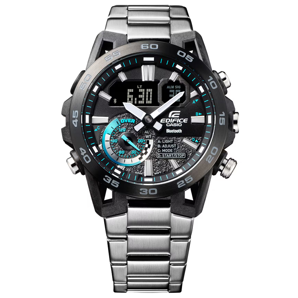 【CASIO 卡西歐】EDIFICE 智慧藍芽碳纖維懸吊設計賽車造型雙顯錶-鋼帶 黑(ECB-40DB-1A)