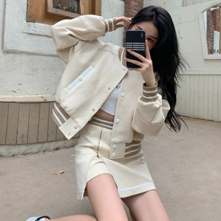 SLEEP-美式復古棒球服套裝女短款外套+高腰半身裙港風chic兩件套 辣妹套裝