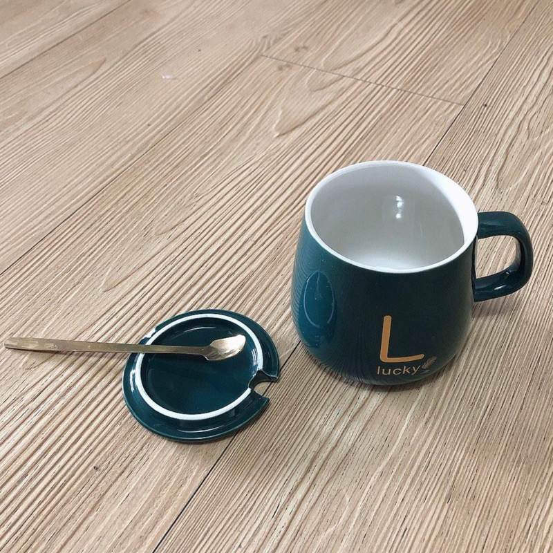 綠色 金湯匙 陶瓷馬克杯 杯蓋 咖啡杯