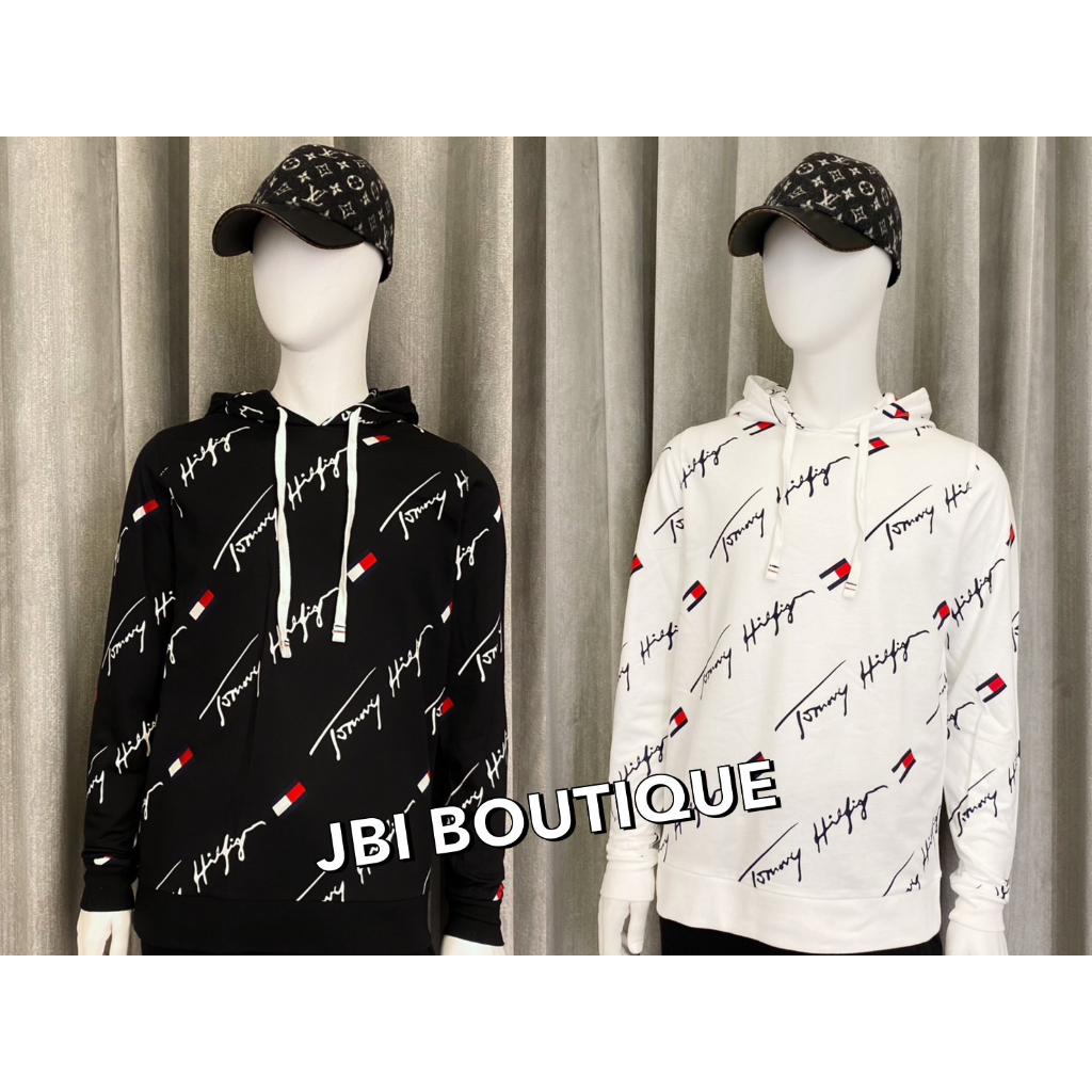 JBI BOUTIQUE✔️TOMMY HILFIGER 滿版草寫文字Logo 黑色/白色 帽T