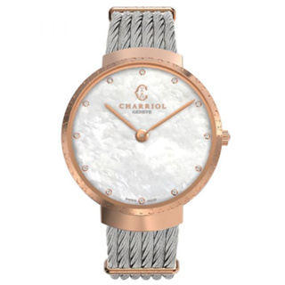 【CHARRIOL 夏利豪】SLIM 優雅白色珍珠貝母錶盤真鑽石英淑女錶-玫瑰金34mm(ST34CP.560.015)
