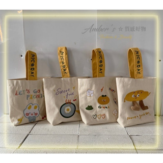 【Amber's☆台灣現貨】韓版可愛刺繡手提袋 水桶包 學生便當包 手提包 帆布收納包 帆布手提包 可愛包包 萬用手提袋