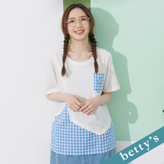betty’s貝蒂思(21)格子拼接純色短袖T-shirt(白)