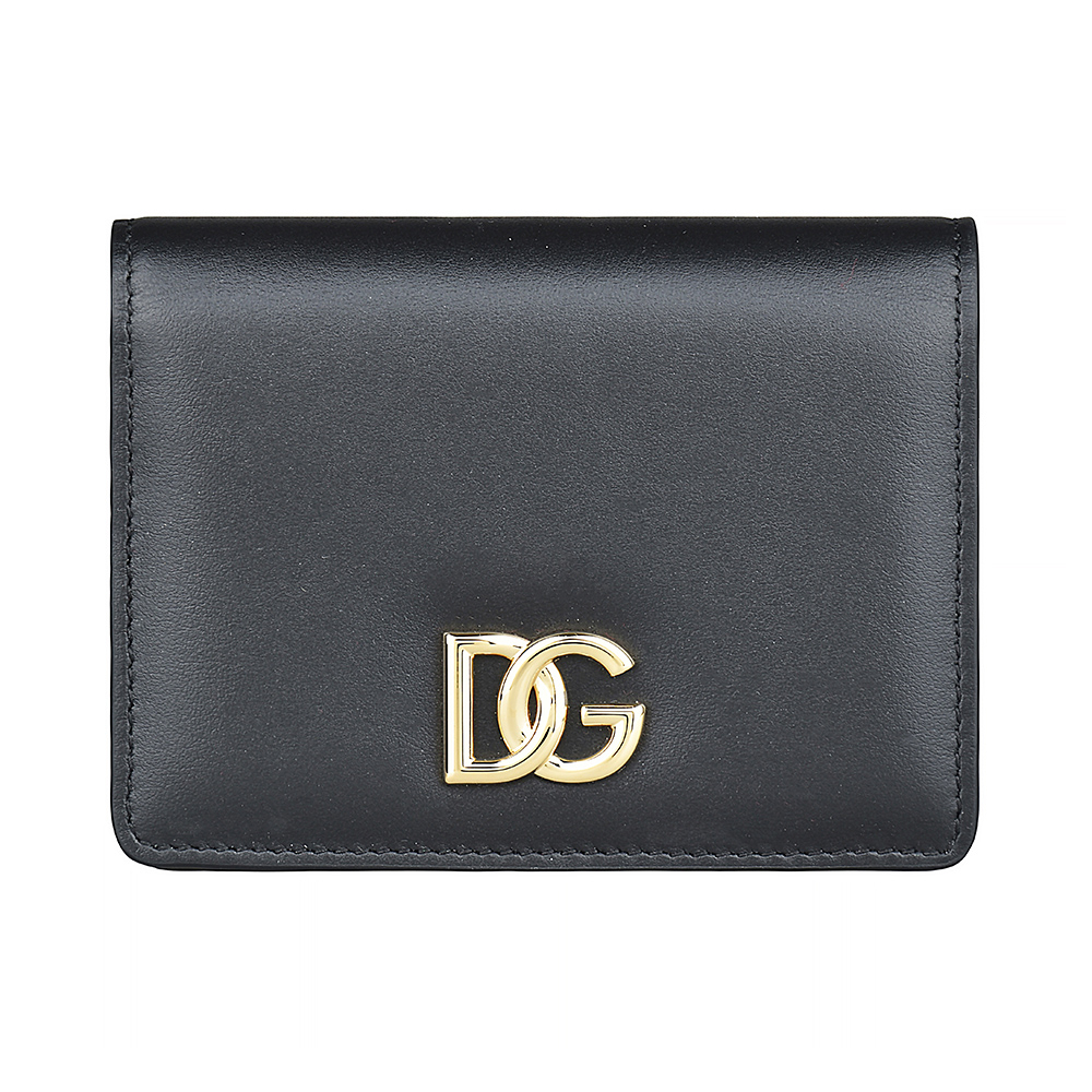 D&G DOLCE & GABBANA金屬LOGO牛皮釦式4卡短夾(黑x金)