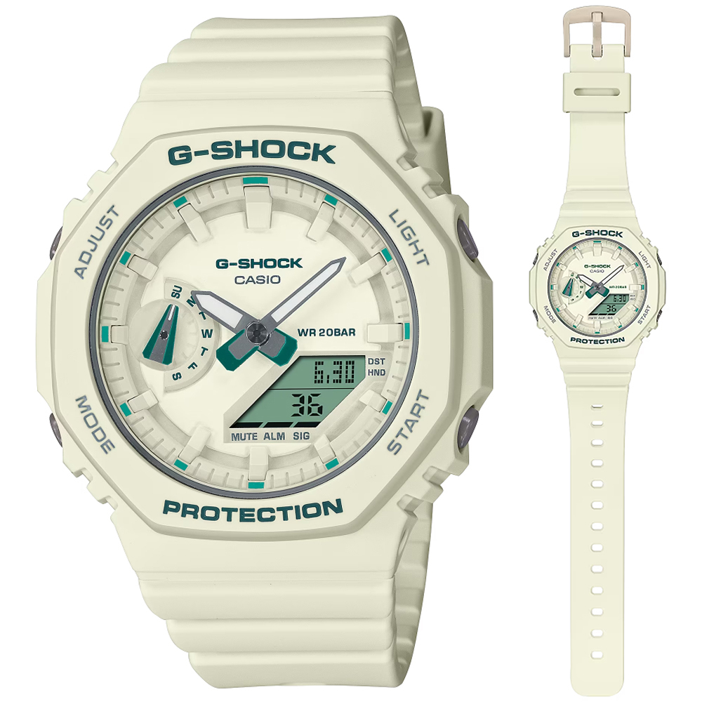 【CASIO 卡西歐】G-SHOCK 縮小版農家橡樹霧面摩登綠配色雙顯錶-米白(GMA-S2100GA-7A)