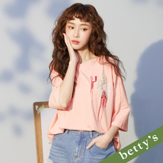 betty’s貝蒂思(21)珠珠繡花寬版圓領七分袖T-shirt(淺橘)