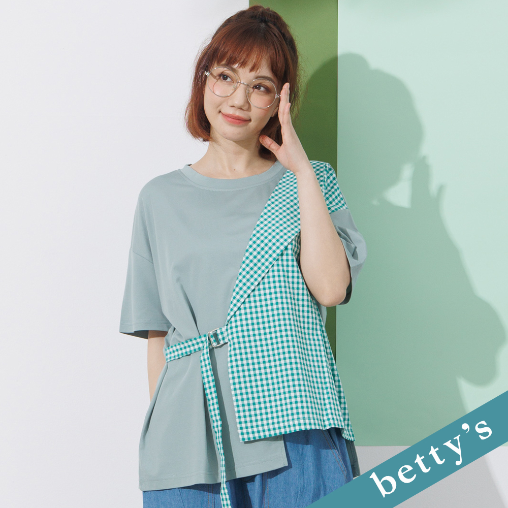 betty’s貝蒂思(21)格紋拼接綁帶寬版上衣(綠色)