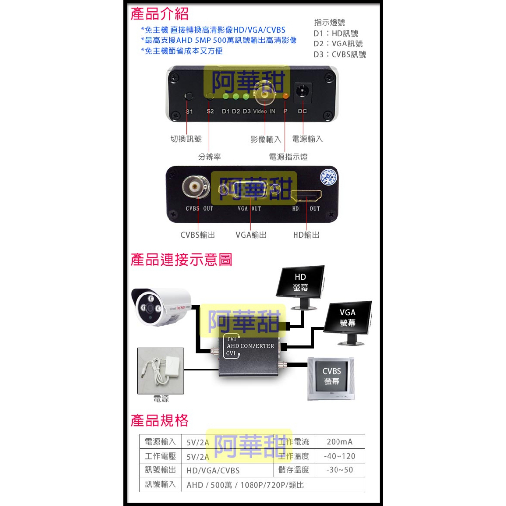 訊號轉換器 監視器 AHD/TVI/CVI 5MP轉 HDMI/VGA/AV 轉換器