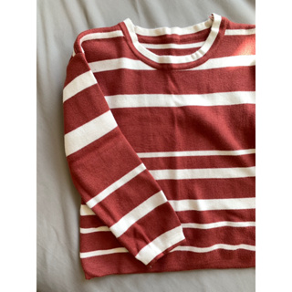 近全新-轉賣space picnic::磚紅色白條紋圓領長袖短版針織上衣/毛衣