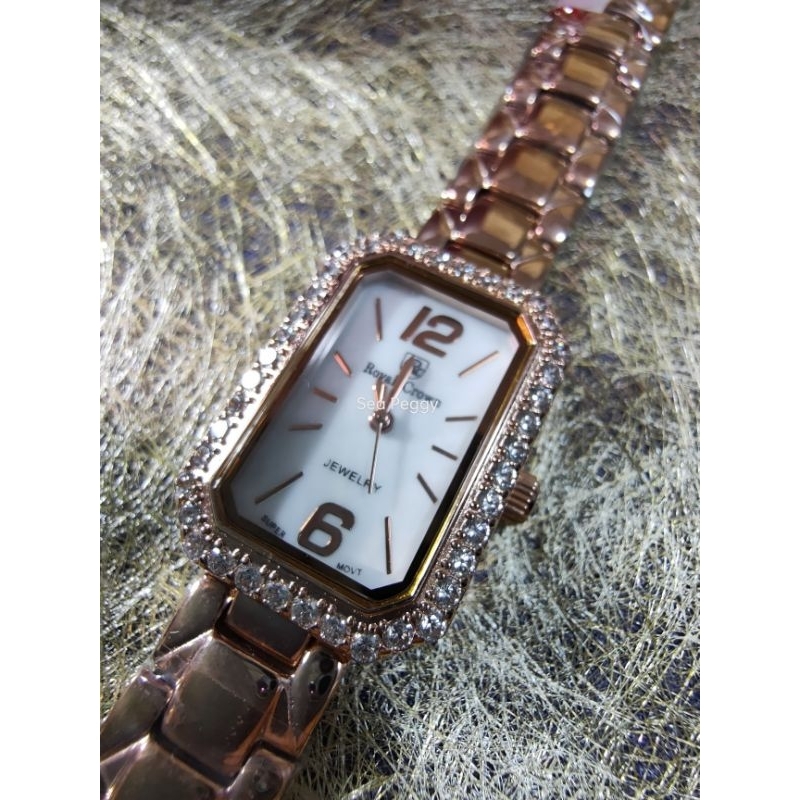 Royal Crown蘿亞克朗專櫃時尚女士手錶方形貝殼鏡面鑲鑽鋯石女錶