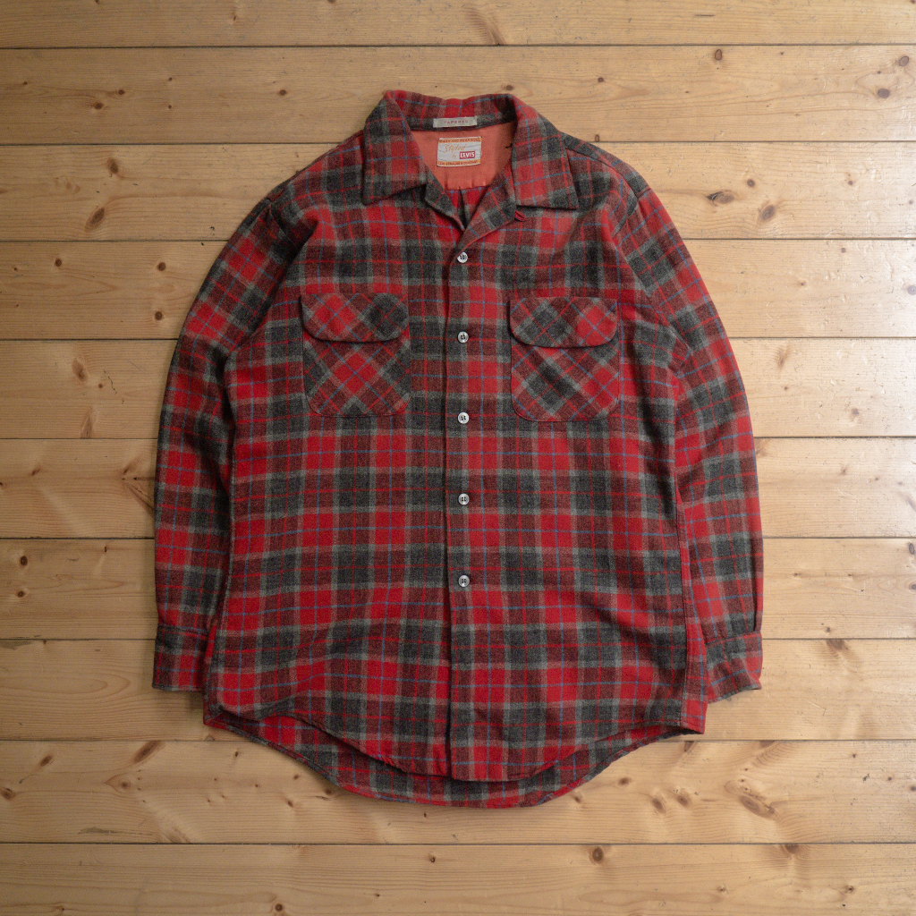 《白木11》 50s Levis wool plaid shirt 美國製 紅色 格紋 羊毛 開領 長袖 襯衫