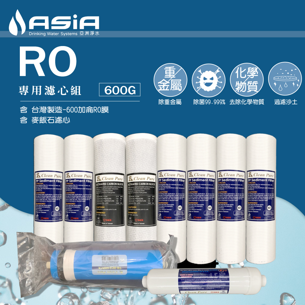 【亞洲淨水】五道式RO機用套裝濾心組 免運【含 600加侖RO膜】美陶限時優惠中~