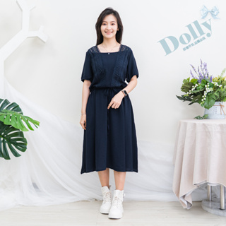 台灣現貨 大尺碼深藍色編織v領腰抽繩洋裝-Dolly多莉大碼專賣店