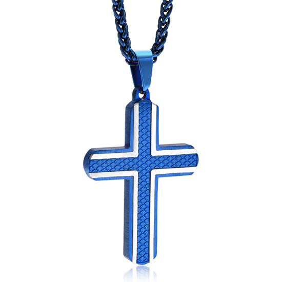【CPN-1686】精緻個性歐美經典菱形藍色十字架鈦鋼墬子項鍊/掛飾