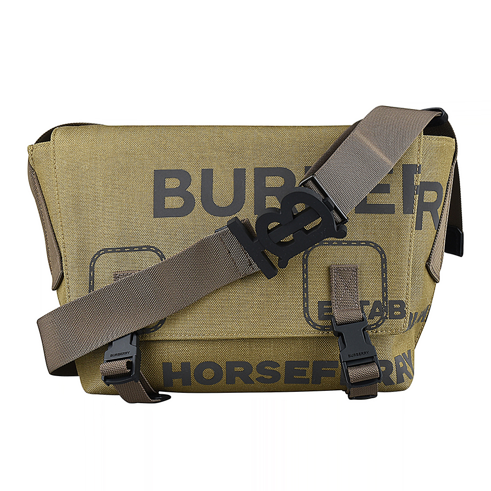 BURBERRY HORSEFERRY灰字LOGO雙扣設計帆布釦式斜背郵差包(小/軍綠)