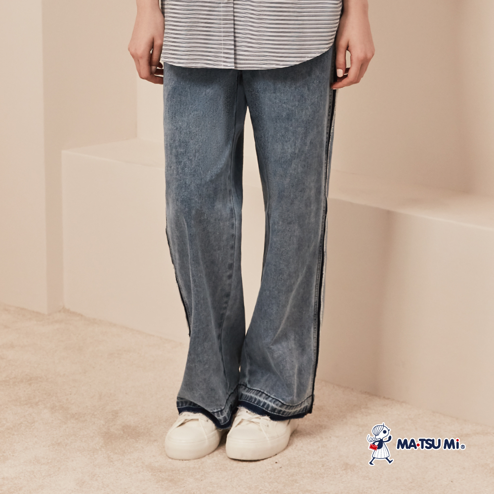 MA‧TSU Mi 不對稱腰頭設計牛仔寬褲(深藍)