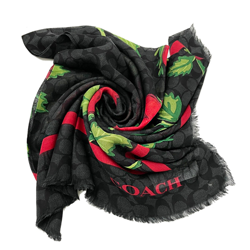 【COACH】C LOGO玫瑰莫代爾混羊毛方巾絲巾圍巾(玫瑰/黑)