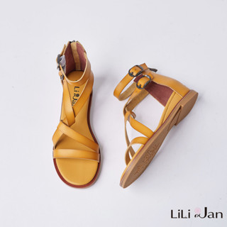 【LiLi Jan】煙燻繚繞｜復古油皮交叉繫踝後拉鍊涼鞋(芥末黃)