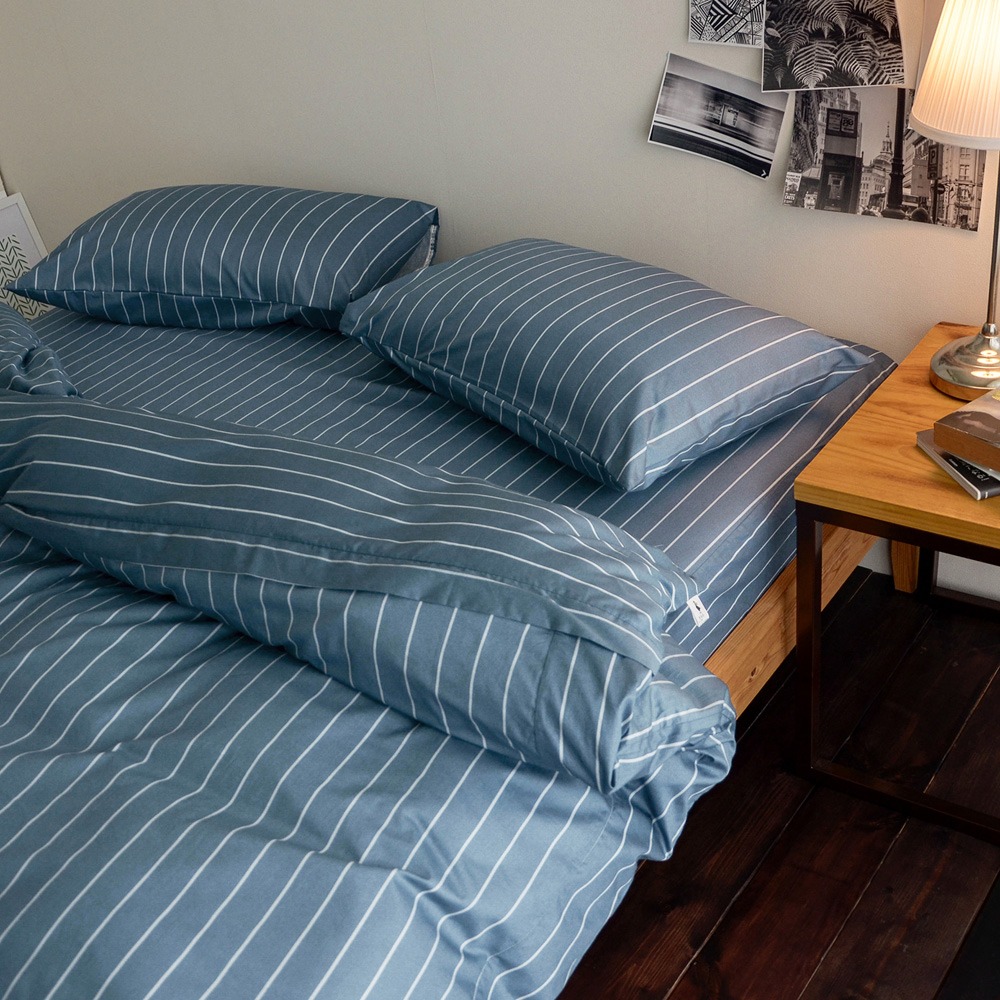 絲薇諾 換日線-藍 100%精梳棉床包枕套組/床包薄被套組(多規格任選) 台灣製