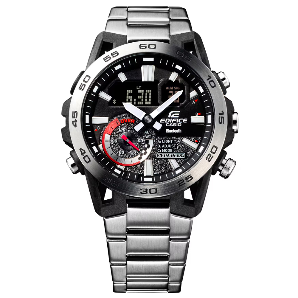 【CASIO 卡西歐】EDIFICE 智慧藍芽碳纖維懸吊設計賽車造型雙顯錶(ECB-40D-1A 防水100米)