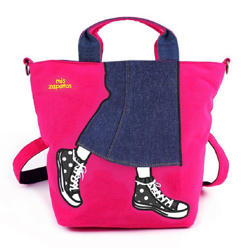 二手 mis zapatos 桃紅色棉麻袋 包包 代購 日本文青提袋 三用包包 側背包 手提袋 後背包