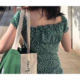 韓國購入 一字領 綠色 碎花洋裝 碎花裙 連身裙 東大門 花花裙 花花