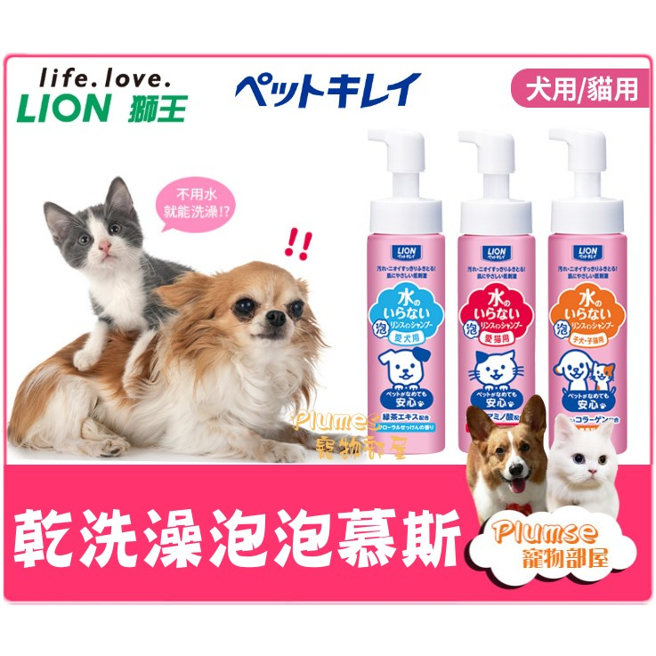 日本製 LION 獅王《 寵物 乾洗澡泡泡慕斯 》免沖水 乾洗泡泡 貓乾洗 狗乾洗 寵物乾洗劑【Plumes寵物部屋】