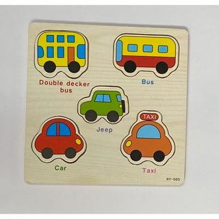 幼兒拼圖 ，木質，交通工具拼圖，認識英文，Car、Jeep、Bus、Taxi