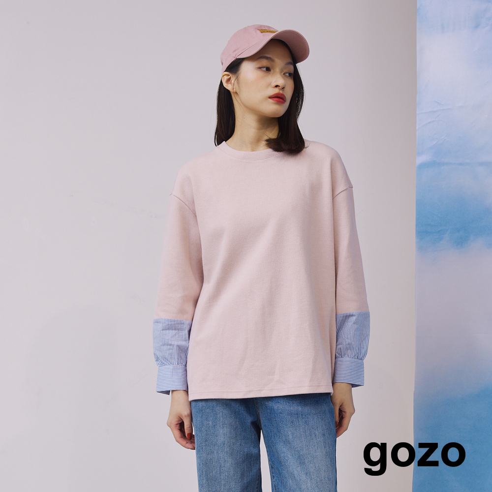 【gozo】➤袖口條紋拼接落肩大學T(粉色/淺卡其_F) | 女裝 圓領 百搭