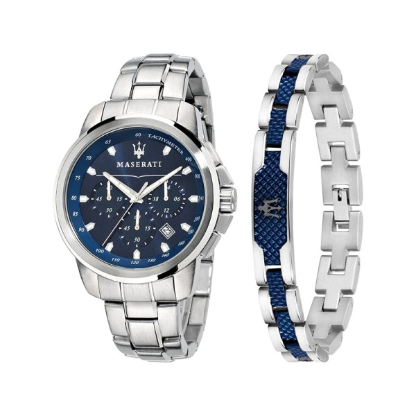 【Maserati 瑪莎拉蒂】湛藍三眼日期不鏽鋼腕錶+手環-湛藍款/R8851121016/台灣總代理公司貨享兩年保固