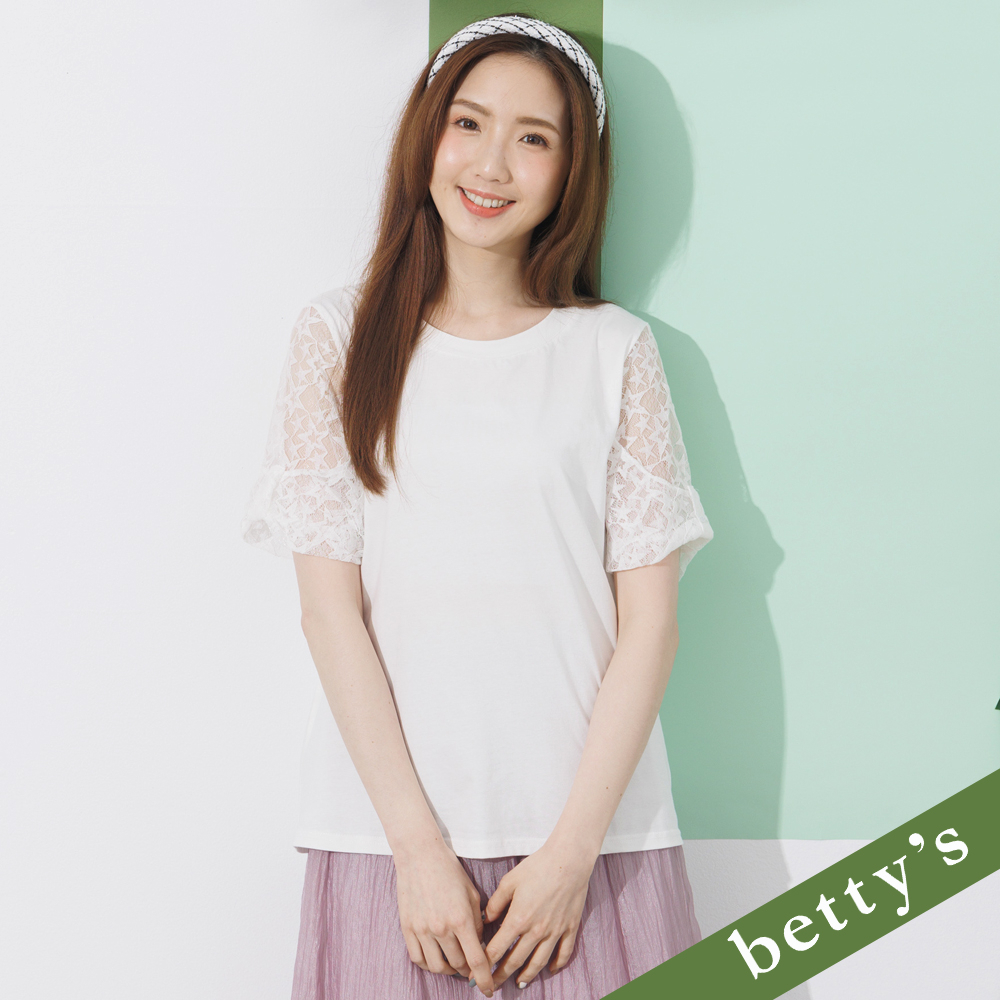 betty’s貝蒂思(21)蕾絲拼接圓領素色上衣(白)