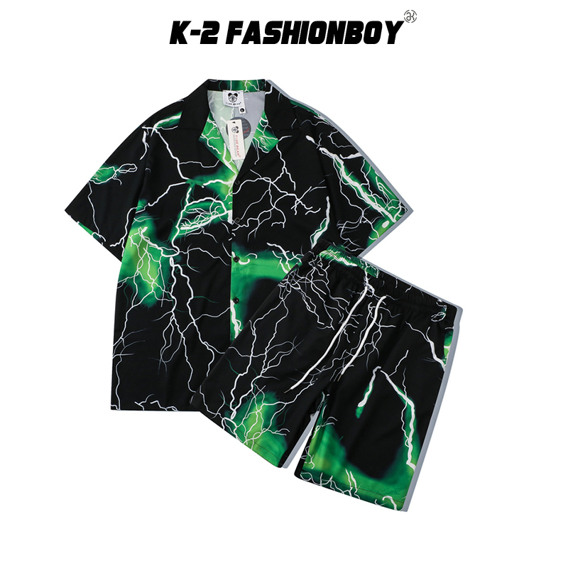 【K-2】懶人必備 閃電套裝 綠光 夏天 海邊 度假 襯衫 短褲 鬆緊腰頭  個性 穿搭 潮流 K2【AX20-K20】
