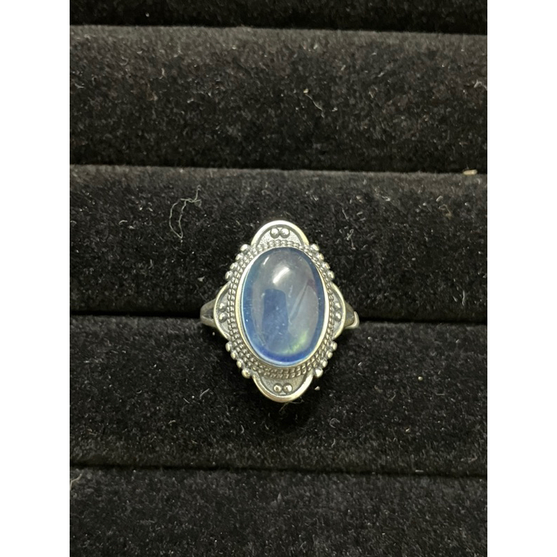 尼泊爾風格銀飾S925銀戒指 天然稀有冰種海藍寶蛋面戒指  鑲嵌 銀戒指連框11.4mm左右可調活口圍附擦銀布